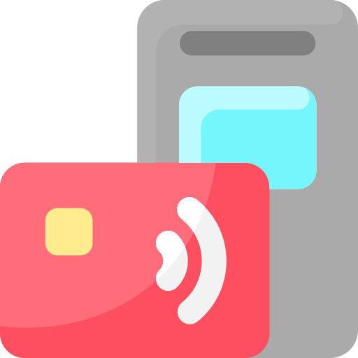 A red credit card is sitting next to a smart phone.