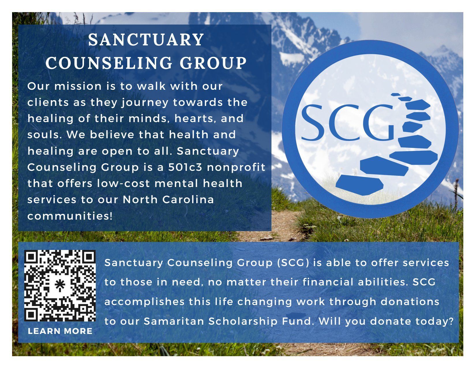 Advertisement for Sanctuary Counseling Group, a nonprofit in North Carolina offering low-cost mental health services.