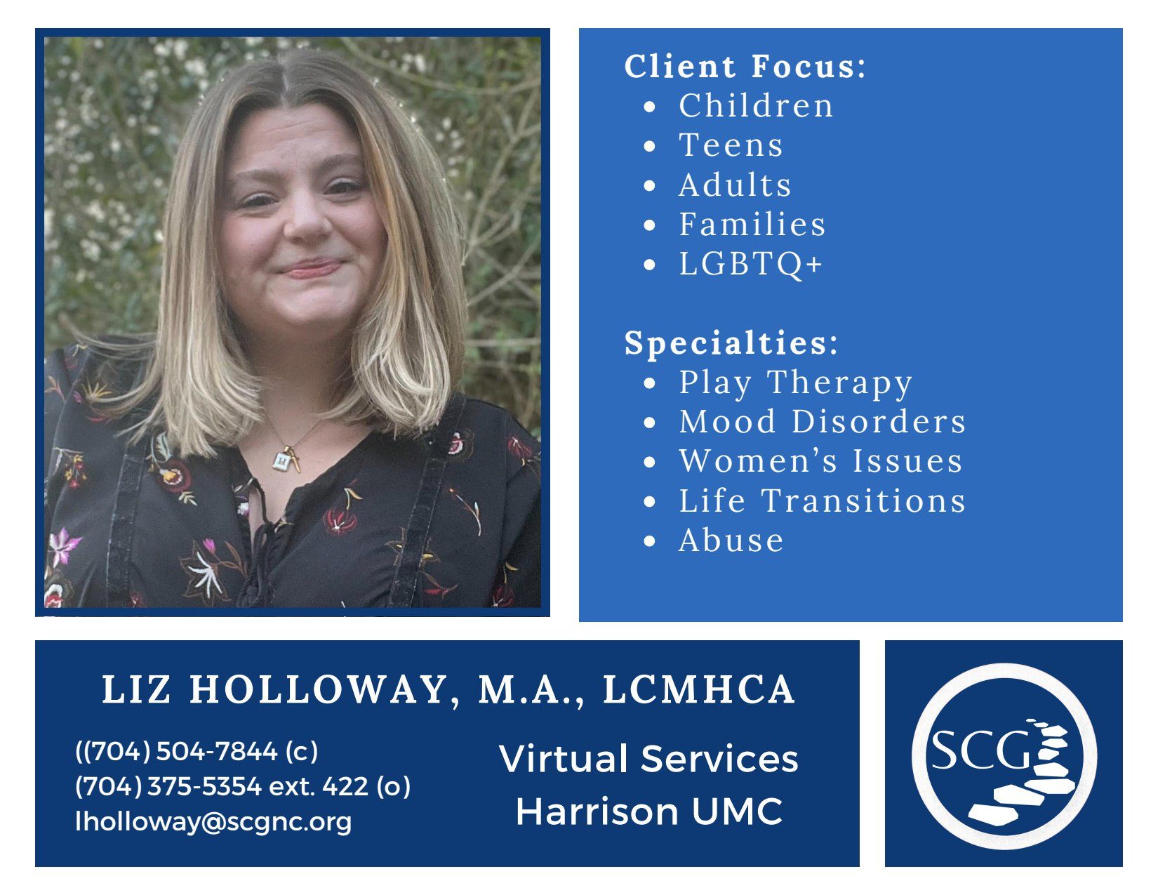 Liz Holloway, therapist, blue background, focuses on children, teens, adults, and families.