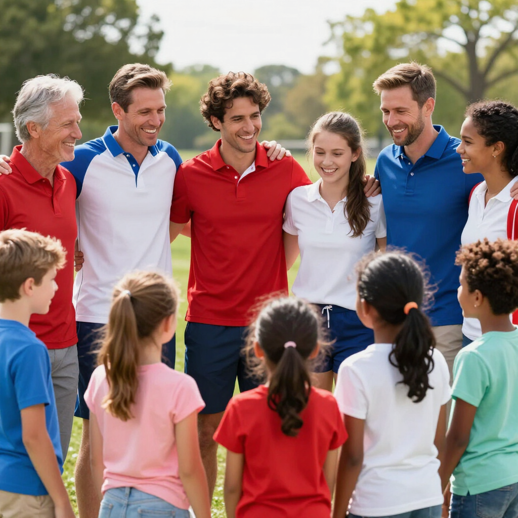 Group of smiling adults and children standing together outdoors near the beach