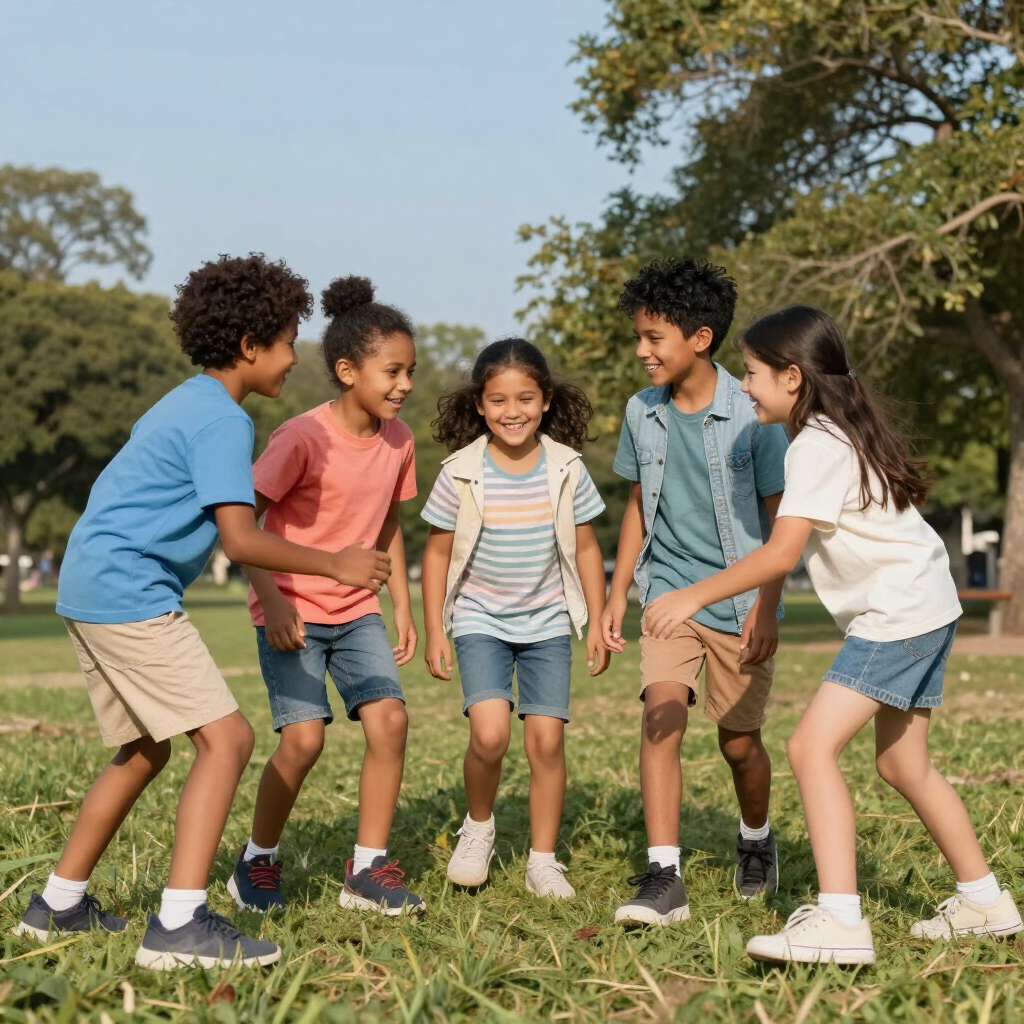 Children holding hands and smiling in a grassy park on a sunny day
