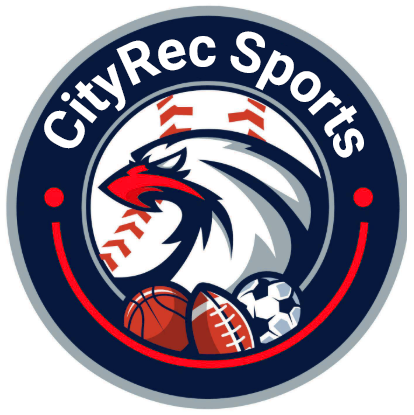 CityRec Sports logo with eagle, baseball, basketball, football, and soccer ball on navy background