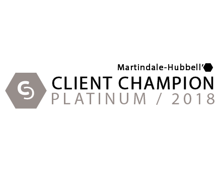 The logo for martindale-hubbell 's client champion platinum / 2018.