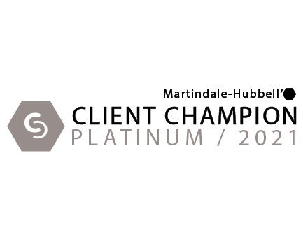 The logo for martindale-hubbell 's client champion platinum / 2021.