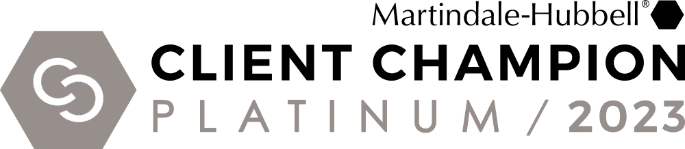 The logo for martindale hubbell 's client champion platinum / 2023