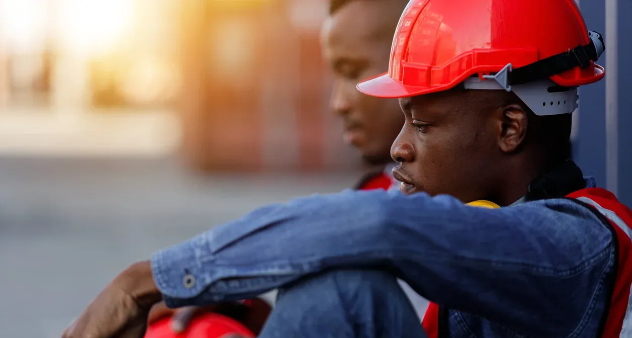 Two construction workers sit resting, they appear overworked.