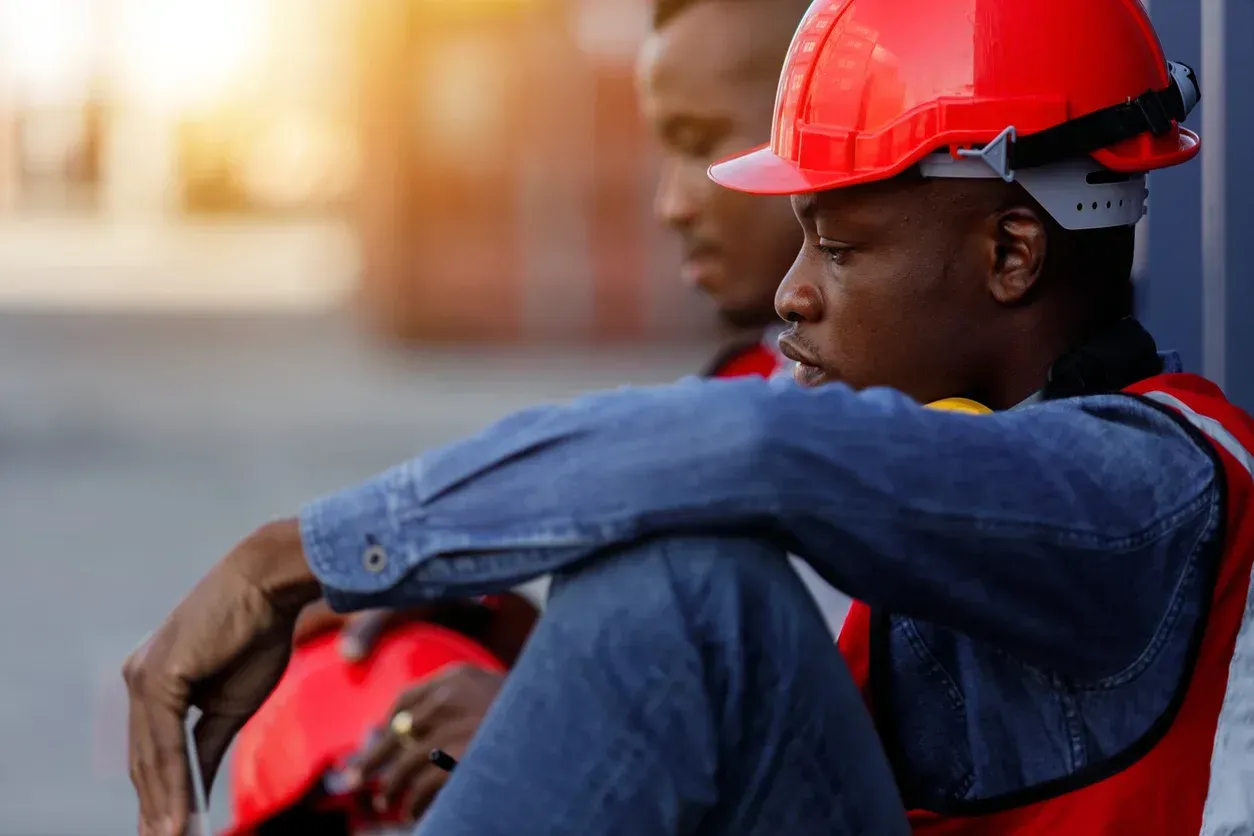 Two construction workers sit resting, they appear overworked. 