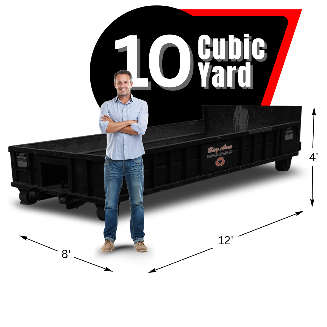 Dumpster and a man standing in front of it