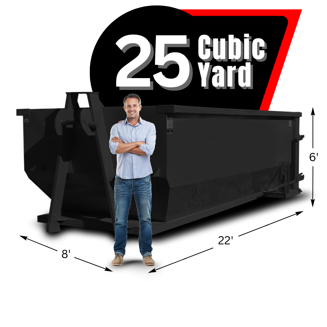 Dumpster and a man standing in front of it