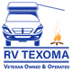 Blue RV Texoma logo with camper, campfire, and text “Veteran Owned & Operated”