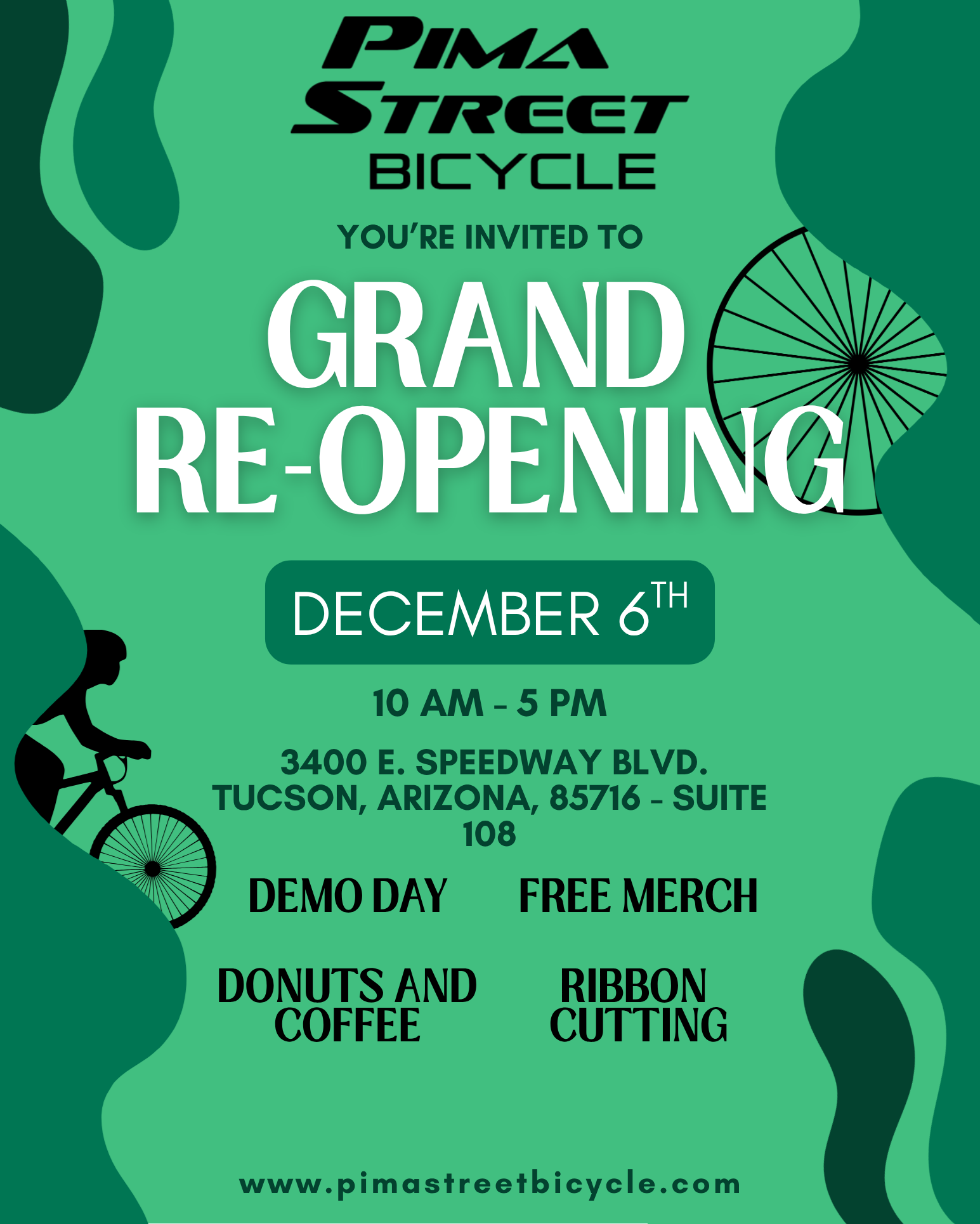 Poster inviting people to the Pima street bicycle shop grand re-opening, on December 6th, 2025.