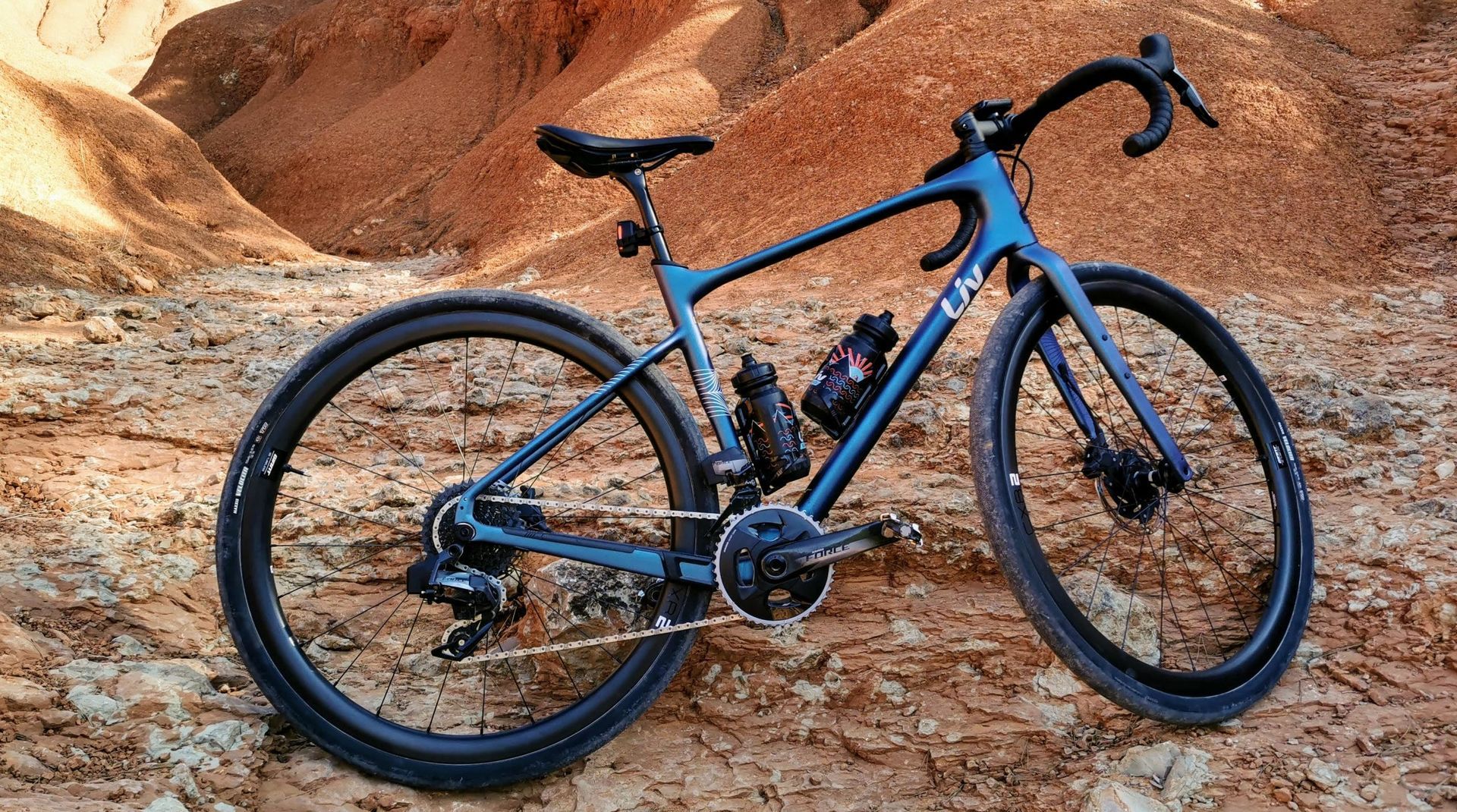 Blue gravel bike in a desert landscape.
