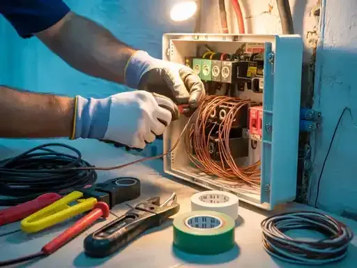 Electrician working on electrical panel, using tools, with wires and tape.