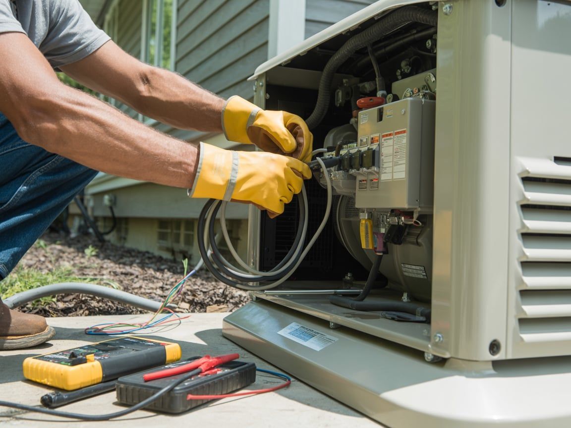 A person in yellow gloves repairs a generator outside a house, using tools.