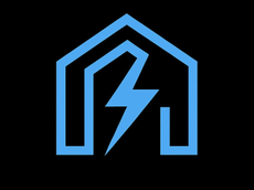 Blue house outline with lightning bolt on black background.