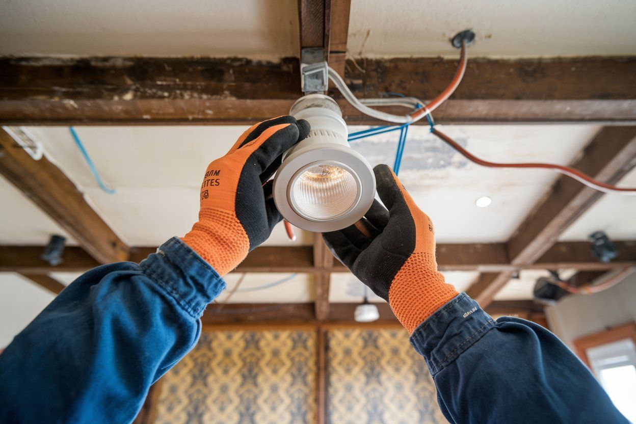 A person is installing a light fixture on the ceiling.