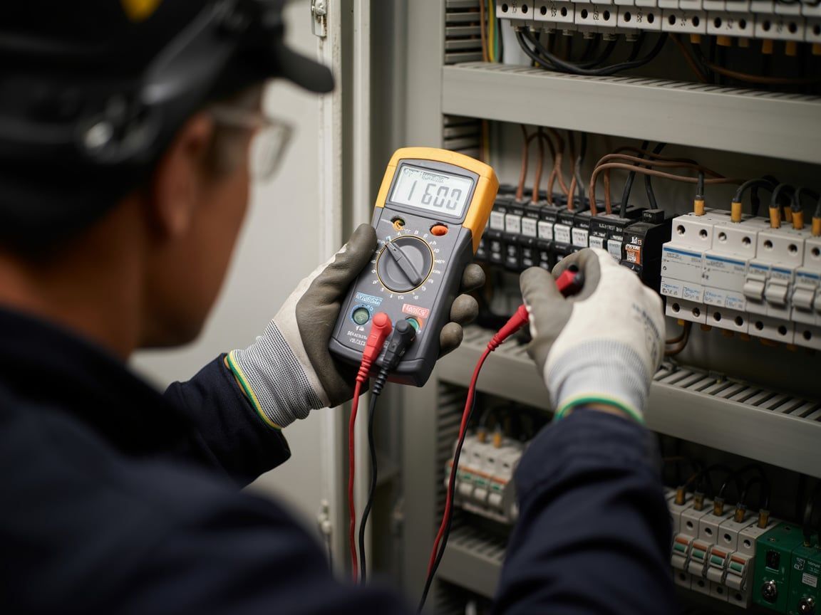 Electrician using a multimeter to test wiring inside an electrical panel.