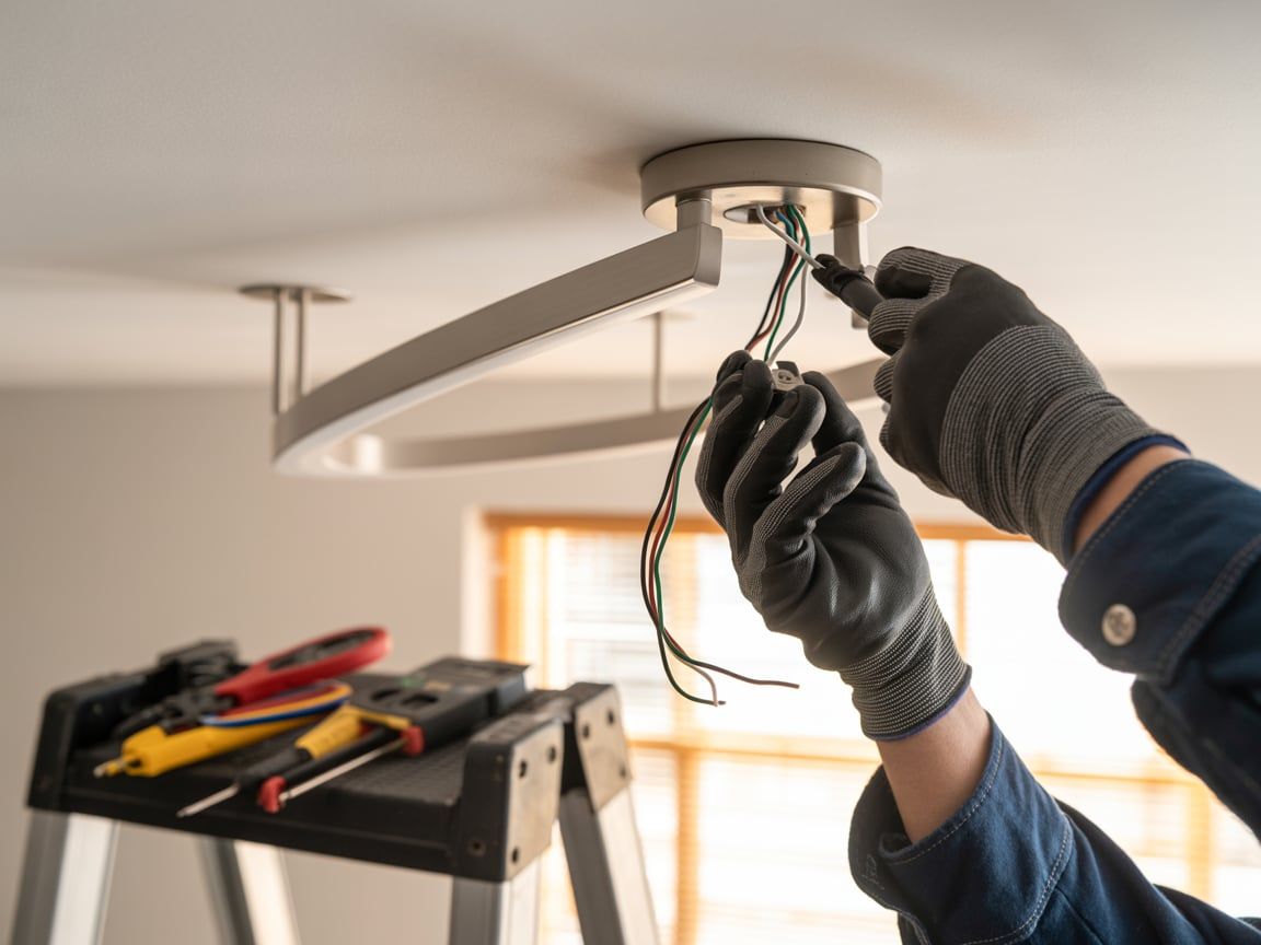 Person in gloves wiring a circular ceiling light fixture. Tools on nearby step stool.