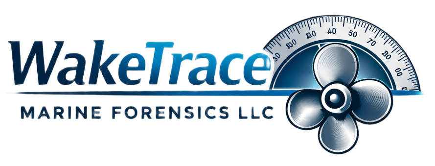 WakeTrace Marine Forensics LLC logo with blue text, a ship wheel, and a gauge graphic