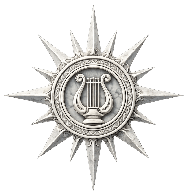Silver, starburst-shaped emblem with a circular center. The center features a lyre within a decorative border.