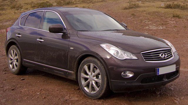 A purple car is parked on a dirt road.