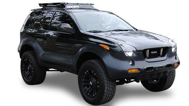 A black suv with a roof rack on top of it on a white background