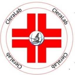 Logo CleraLab: croce rossa con globo del microscopio all'interno di un cerchio, testo 