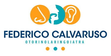 Logo del Dott. Federico Calvaruso, otorinolaringoiatra, con illustrazioni di naso, bocca/gola e orecchio.