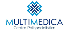 Logo del centro medico Multimedica. Testo blu e bianco e grafica geometrica.
