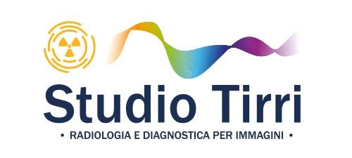 Logo for Studio Tirri: radiation symbol, colorful wave, navy text. 