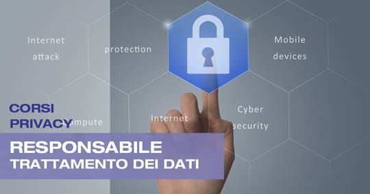Mano che tocca l'icona di un lucchetto, circondata da termini di sicurezza informatica, con il testo