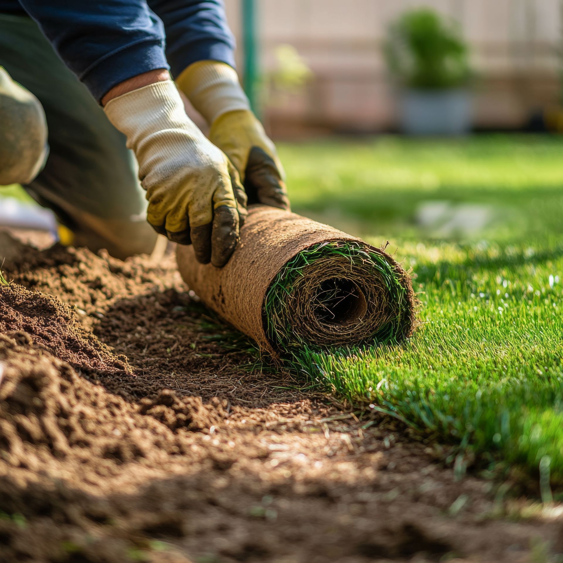 A person is rolling a roll of turf in a yard.
