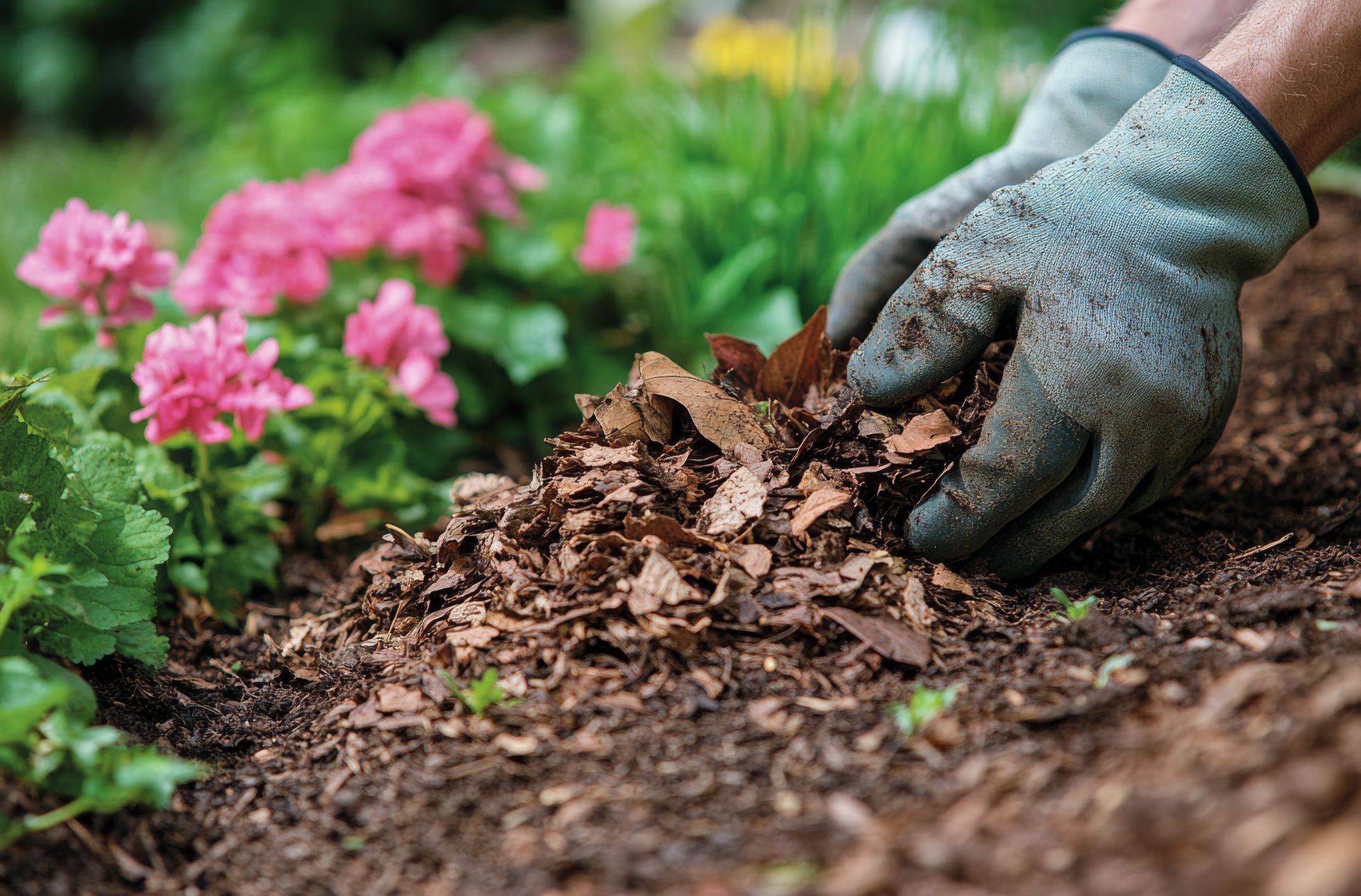 A person wearing gloves is spreading mulch in a garden.