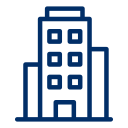 A blue line drawing of a large building with squares on it.