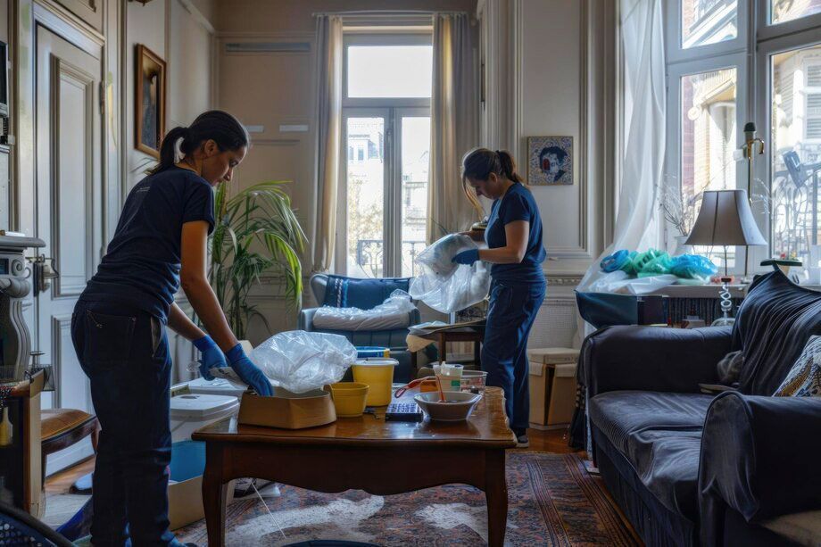 Two women are cleaning a living room in a house.