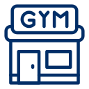 An icon of a gym with a sign on top of it.