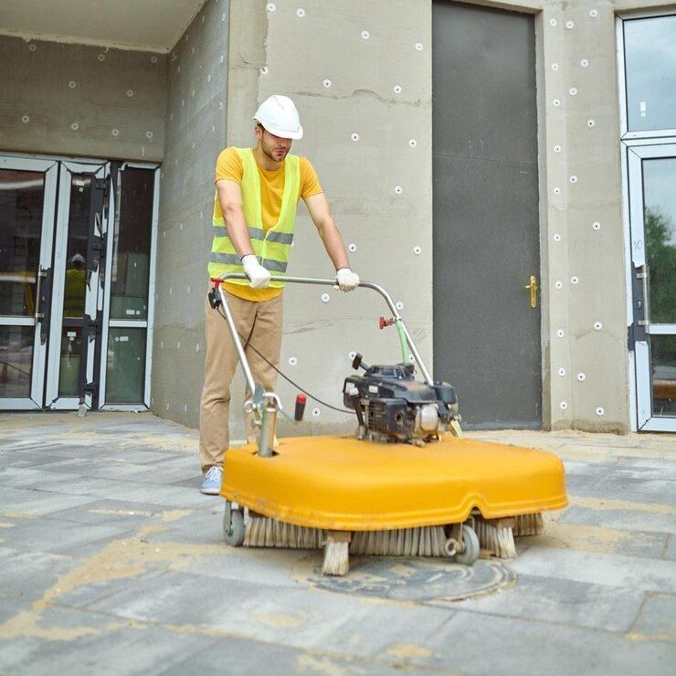 A man wearing a hard hat and safety vest is using a yellow broom on a sidewalk