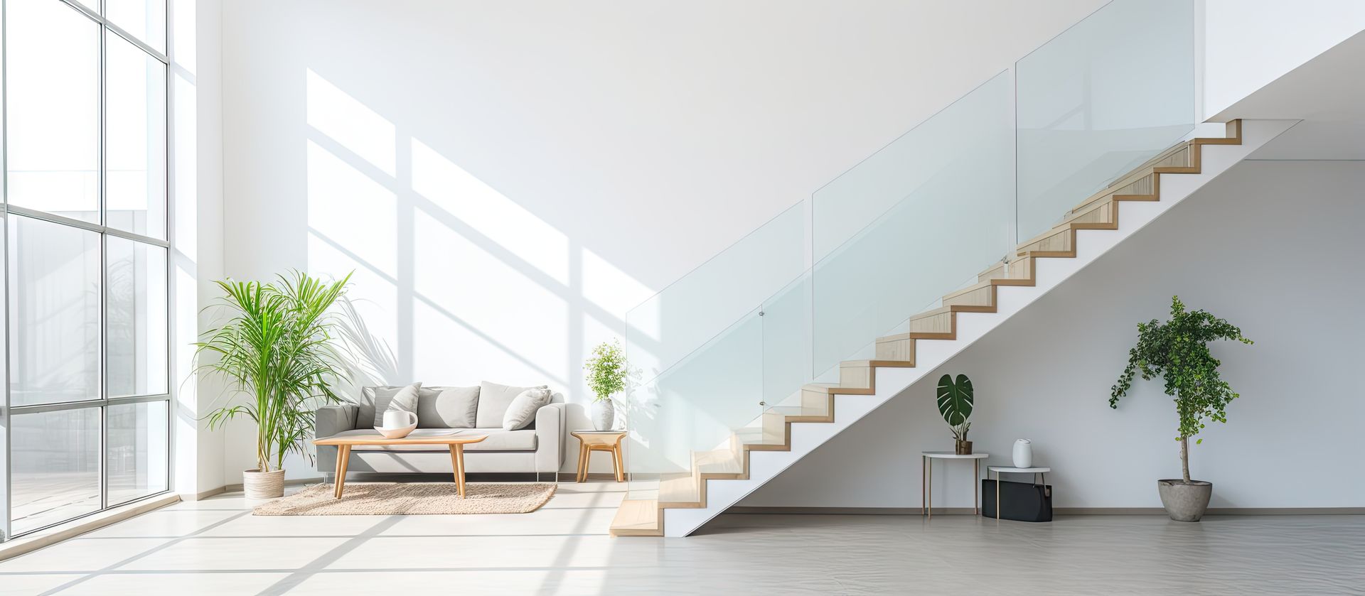 A living room with a staircase leading up to the second floor.