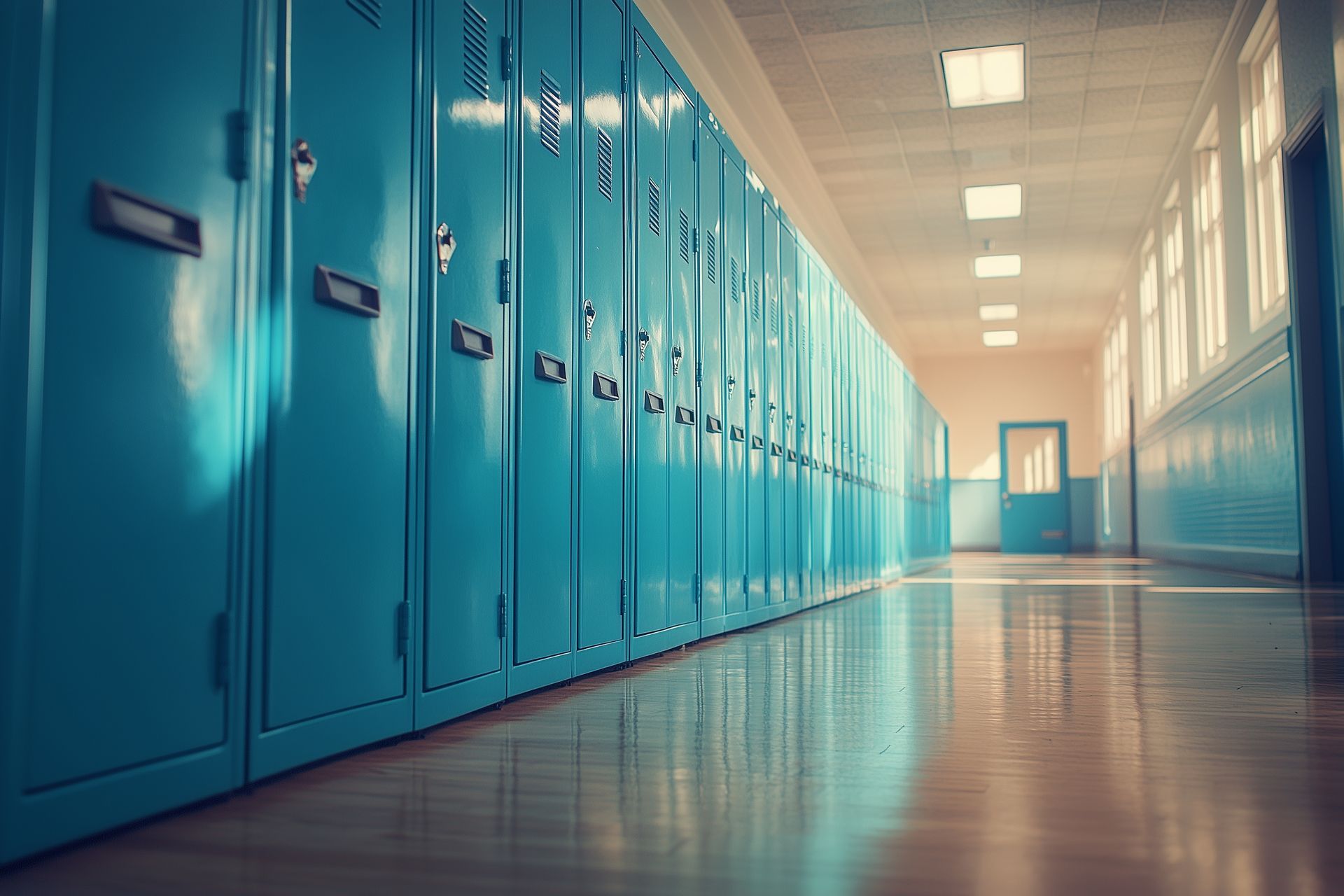 A long hallway filled with blue lockers in a school building.