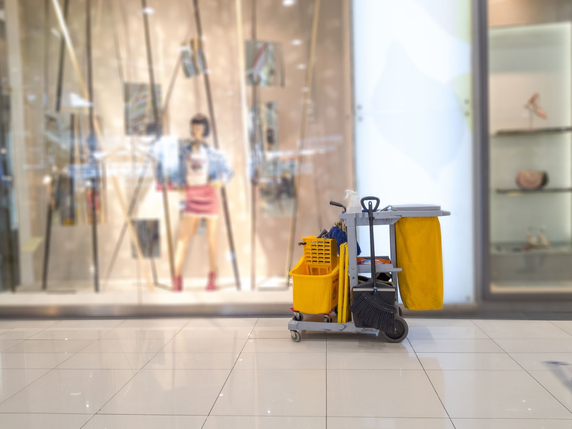 A cleaning cart is parked in front of a store window.