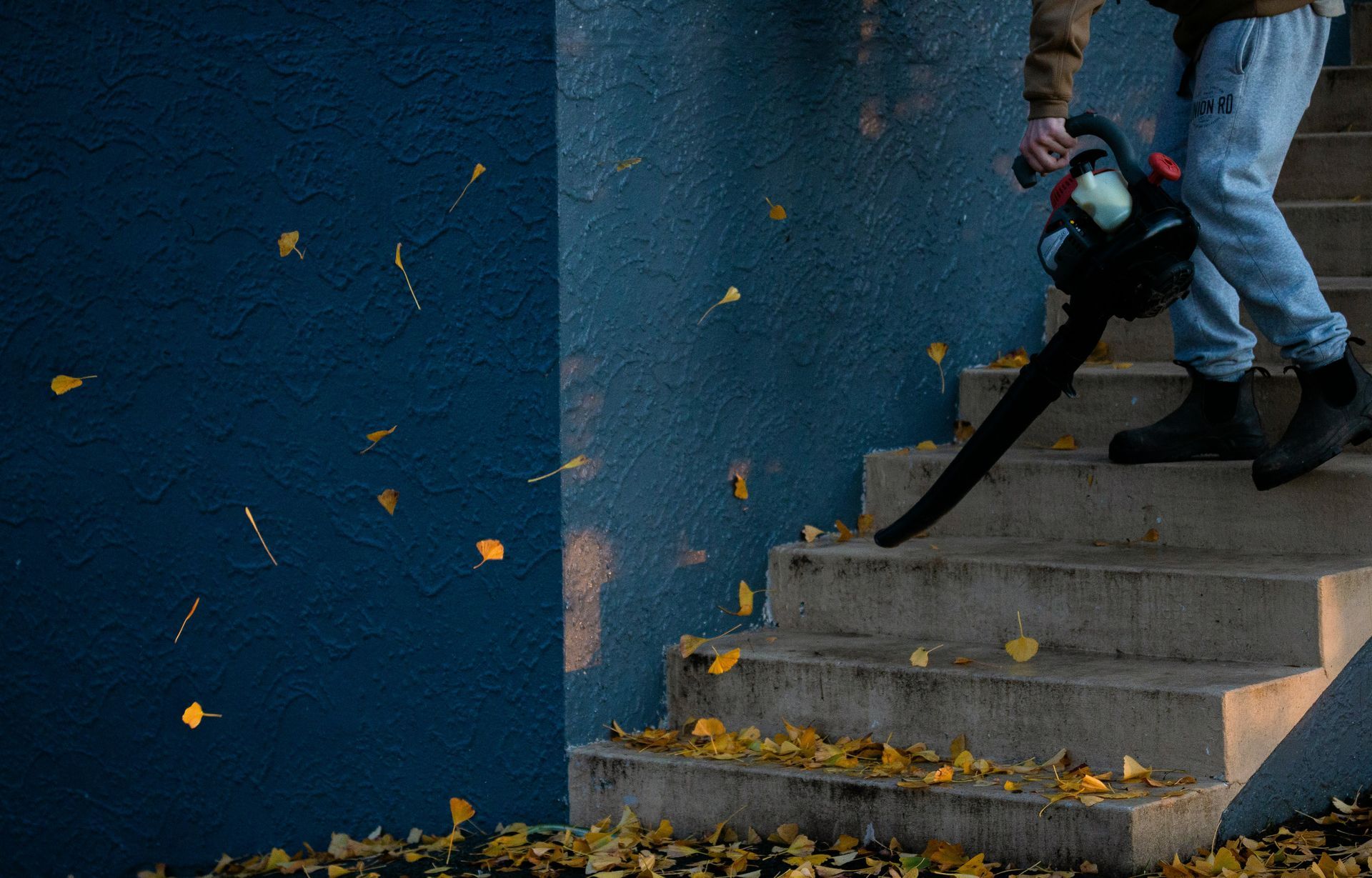 A person is blowing leaves off the steps of a building.