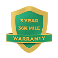 Gold and green shield-shaped warranty badge, stating
