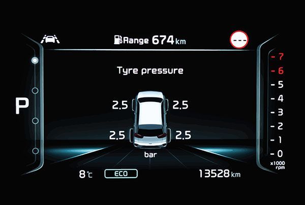 Car dashboard displaying tire pressure: all tires at 2.5 bar. Range 674km, temperature 8°C, and mileage 13528km. | Dave's Automotive LLC