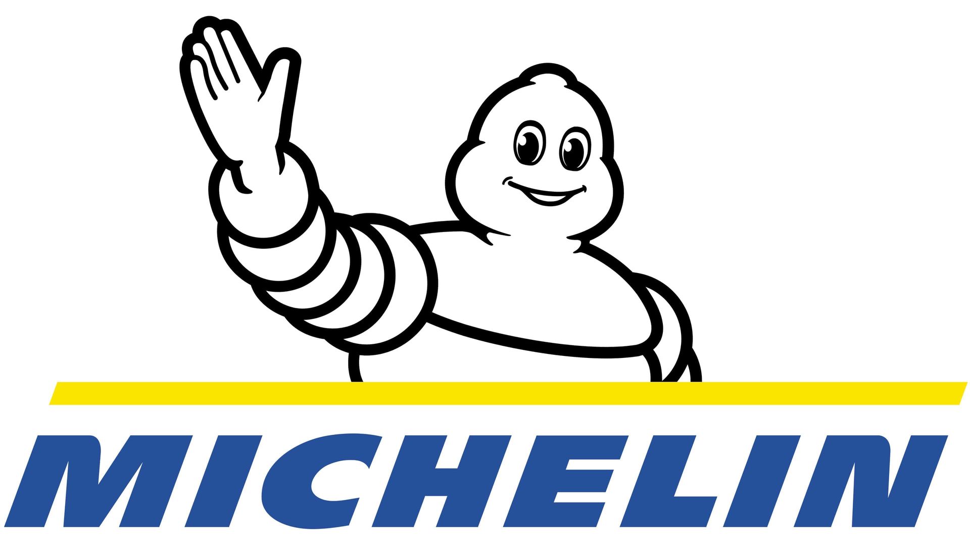 Michelin Man, a tire-shaped figure, waves; blue