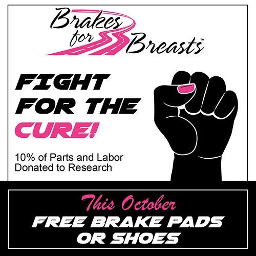 Advertisement for Brakes for Breasts. Features a pink logo, a raised fist, and text promoting free brake pads/shoes this October with 10% donation. | Dave's Automotive LLC