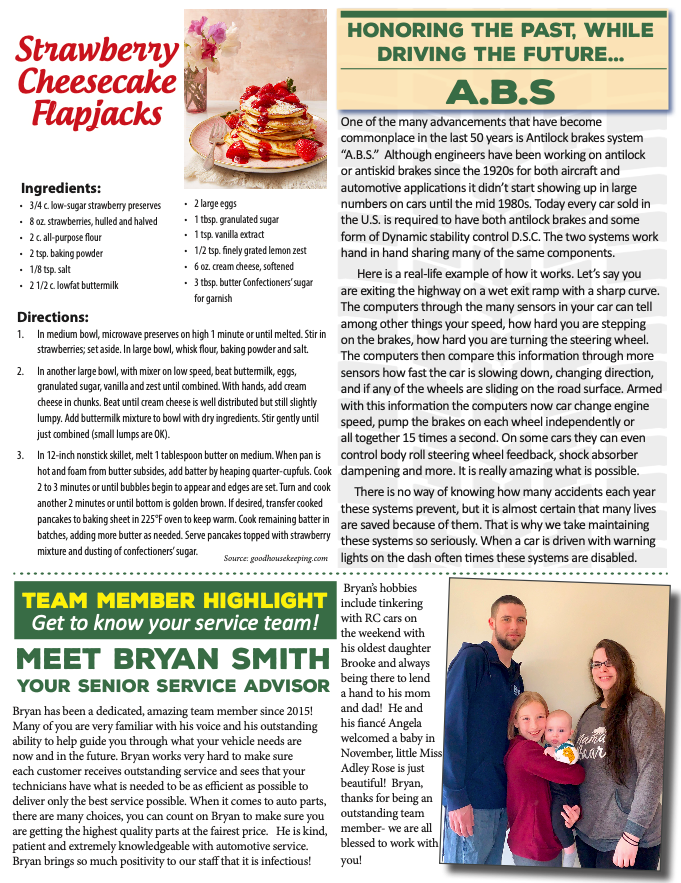 Strawberry cheesecake flapjacks recipe and text about the A.B.S. and Bryan Smith. | Dave's Automotive LLC