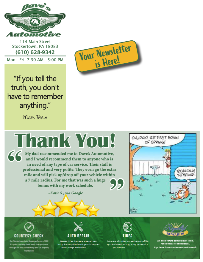 Dave's Automotive newsletter with a quote, customer thank you, and a cartoon. | Dave's Automotive LLC