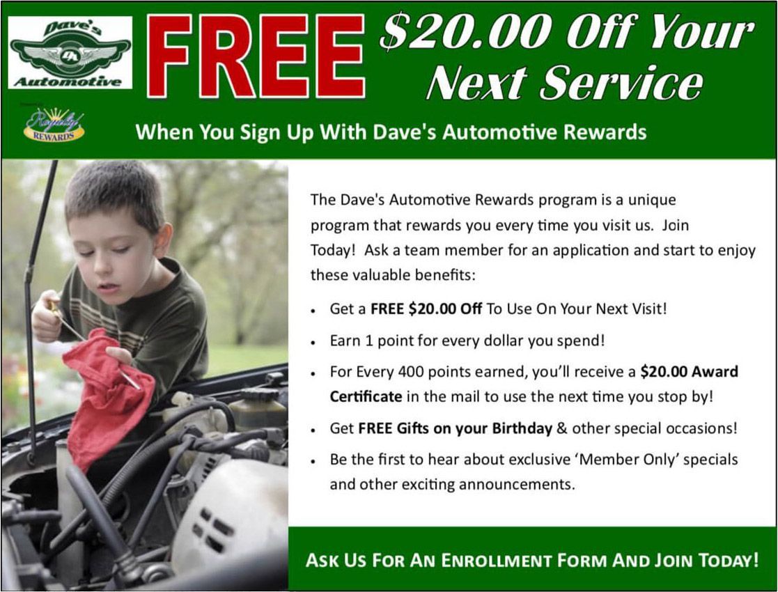 Dave's Automotive coupon: Free $20 off next service when signing up for rewards. Boy under car. | Dave's Automotive LLC