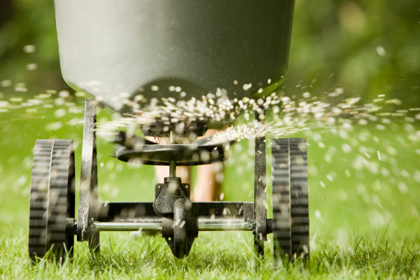Fertilizer spreader releasing granular fertilizer on a green lawn.