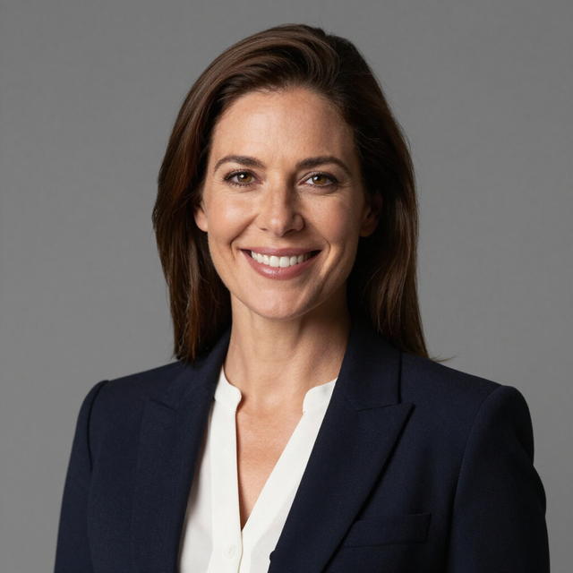 Smiling woman in a navy blazer and white blouse against a gray background